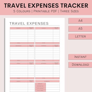 Rastreador de despesas de viagem | Registro de gastos diários para impressão | Finanças de viagens de trabalho | Gastos do orçamento de férias | Feriado | PDF | A4 | A5 | Carta