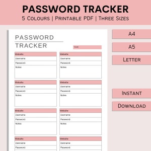 Password Tracker, Login Track, Printable Password Log, Digital Password Keeper, Print At Home Template, Insert, PDF, A4, A5, Letter