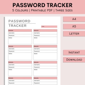 Suivi de mot de passe imprimable, insert PDF remplissable, tracker