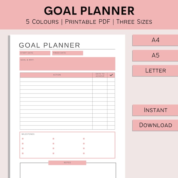 Goal Planner | Printable Goal Tracker | Action Plan Template | Plan For Success | Life Planner | Goal Organizer | PDF | A4 | A5 | Letter