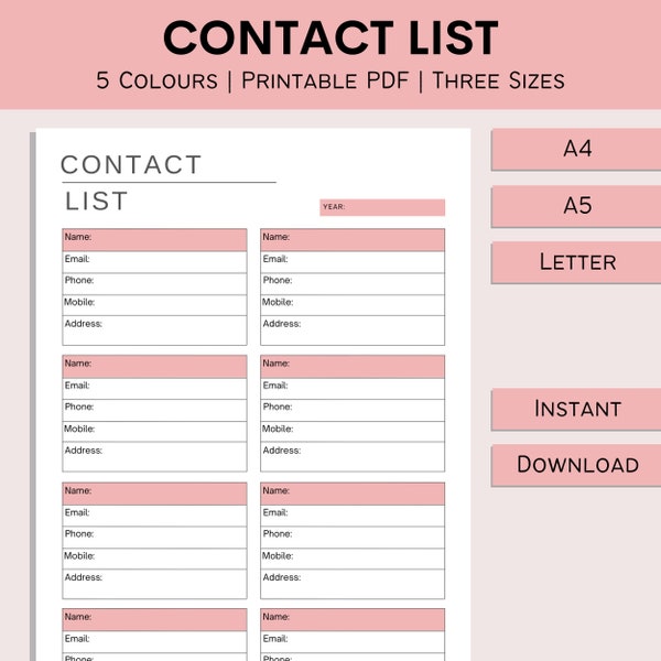 Contact List | Printable Address Book | Print At Home Contacts | Address Organizer | Planner Templates | Phone Book | PDF | A4 | A5 | Letter