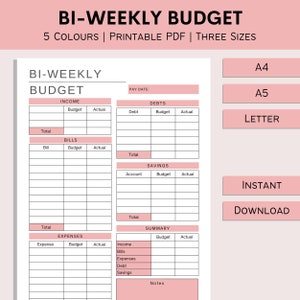 May include: A printable bi-weekly budget planner with sections for income, bills, savings, expenses, and a summary. The planner is available in three sizes: A4, A5, and Letter.