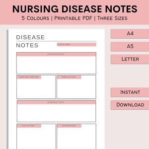 May include: A printable PDF nursing disease notes template with a white background and pink accents. The template includes sections for disease name, pathophysiology, signs and symptoms, complications, diagnostic tests, risk factors, and interventions. The text "NURSING DISEASE NOTES" is at the top.