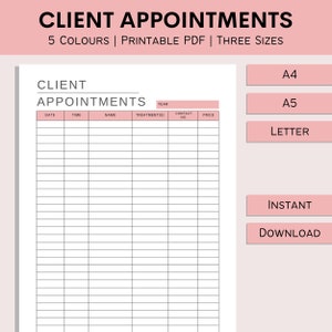 Può includere: Un pianificatore di appuntamenti per clienti stampabile con colonne per data, ora, nome, trattamento, numero di contatto e prezzo. Il pianificatore è disponibile in tre formati: A4, A5 e Letter. È anche disponibile in cinque colori.