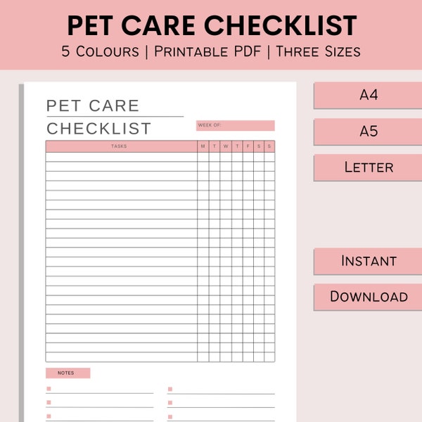 Pet Care Checklist | Daily Care For Animals | Printable Weekly Tracker | Pet Care Planner | Animal Care Sheet | PDF | A4 | A5 | Letter