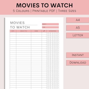 Movies To Watch | Movies To Watch List | Movie Tracker | Print At Home Movie Chart | Printable Movie Sheet | PDF | A4 | A5 | Letter