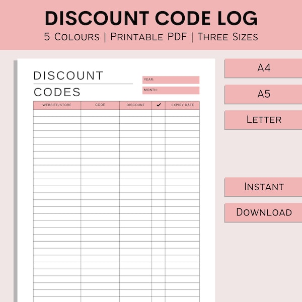 Discount Code Log | Discount Tracker | Offer Track | Coupon Spreadsheet | Printable Shop Discount | Shopping Codes | PDF | A4 | A5 | Letter