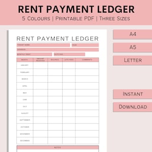 May include: Printable rent payment ledger with columns for month, amount received, balance, late fees, and comments. The ledger is available in three sizes: A4, A5, and Letter.