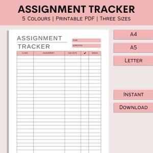 Puede incluir: Un rastreador de tareas imprimible con columnas para clase, tarea, fecha de vencimiento, marca de verificación y calificación. El rastreador está disponible en tres tamaños: A4, A5 y Carta. El texto "Descarga instantánea" también es visible.