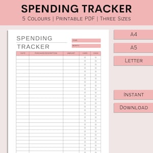 May include: Printable spending tracker with columns for date, purchase description, amount, card, and cash. The tracker is available in three sizes: A4, A5, and Letter.