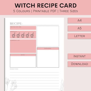 Op de afbeelding: Afdrukbare heksenreceptenkaart sjabloon in roze met secties voor de voorbereidingstijd, de moeilijkheidsgraad, de ingrediëntenlijst, de intenties, notities en instructies. De kaart is verkrijgbaar in drie formaten: A4, A5 en Letter.
