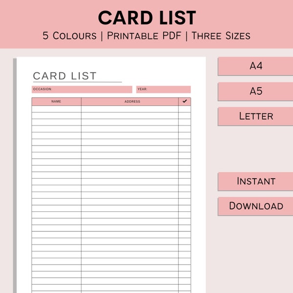 Printable Card List | Greeting Card Tracker | Birthday Thank you List | Christmas Card Track | Xmas Ideas | PDF | A4 | A5 | Letter