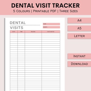 Dental Visit Tracker, Dentist Log, Medical Appointments, Teeth Health, Printable Dentist History, PDF, A4, A5, Letter
