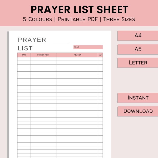 Prayer List Sheet | Printable Faith Planner | Prayer Journal | Religious Tracker | Prayer Record Keeper | PDF | A4 | A5 | Letter