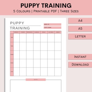 Puede incluir: Un registro de entrenamiento para cachorros imprimible con un esquema de color rosa y blanco. El registro incluye secciones para el nombre del cachorro, la semana de entrenamiento y el progreso diario. También incluye una sección de notas.