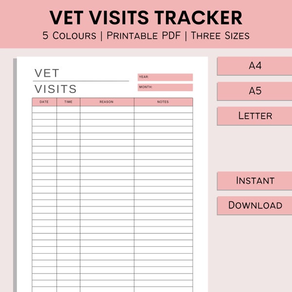 Vet Visits Tracker | Pet Vet Checks Log | Cat Health Record | Dog Health Record | Pet Well Being | Printable Care | PDF | A4 | A5 | Letter