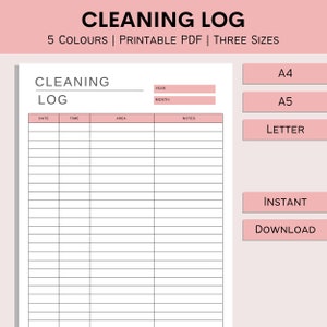Registro de limpieza, Seguimiento diario, Mantenimiento imprimible, Organizador de limpieza del hogar, Registro de limpieza del trabajo, PDF, A4, A5, Carta