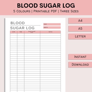 Blood Sugar Log | Printable Blood Sugar Tracker | Diabetic Log | Blood Glucose Track | Diabetes Spreadsheet Monitor | PDF | A4 | A5 | Letter