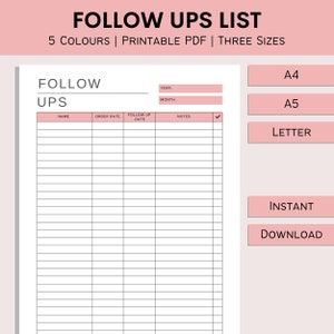 Follow Ups List | Printable Business Follow Ups | Small Business Form | Customer Tracker | MLM Planner | PDF | A4 | A5 | Letter