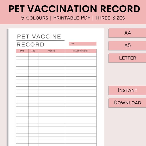 Pet Vaccination Record | Printable Pet Immunizations | Animal Health Log | Pet Health Care Sheet | Pet Vaccines Log | PDF | A4 | A5 | Letter