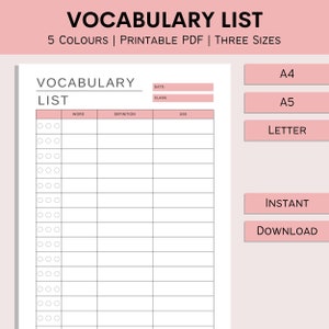 Vocabulary List | Printable Literacy Worksheet | Voca Card | Language Study | Vocabulary Notes | Student Resources | PDF | A4 | A5 | Letter