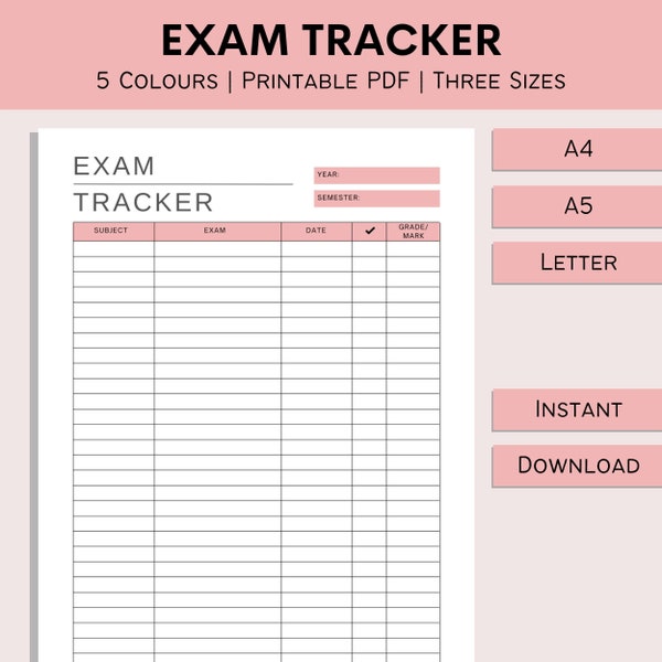 Exam Tracker | Printable College Exam Log | University Assessment Planner | Student Study Essential | Year Outline | PDF | A4 | A5 | Letter