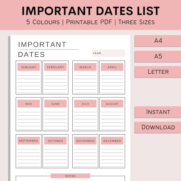 Important Dates List | Printable Dates Tracker | School and College Events | Birthday Tracker | Work Event List | PDF | A4 | A5 | Letter