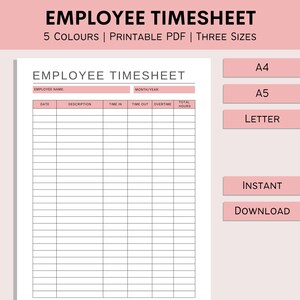 Employee Timesheet | Printable Work Schedule Tracker | Timekeeping Log | Employee Organizer | Business Resources | PDF | A4 | A5 | Letter