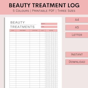 May include: A printable beauty treatment log with a pink background. The log has columns for date, treatment, location, cost, and rating. The rating column has a row of five stars for each entry.