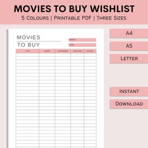 Movies To Buy Watchlist | Movies To Watch List | Movie Tracker | Print At Home Movie Chart | Printable Movie Sheet | PDF | A4 | A5 | Letter