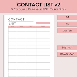 Contact List | Printable Address Book | Address Organizer | Print At Home Contacts Planner | Phone Book Template | PDF | A4 | A5 | Letter