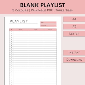 Leere Playlist | Hochzeitsliedbuch | Positivität Planer | Morning Playlist | Lieblingsliedliste | Musik Tracker | PDf | A4 | A5 | Brief