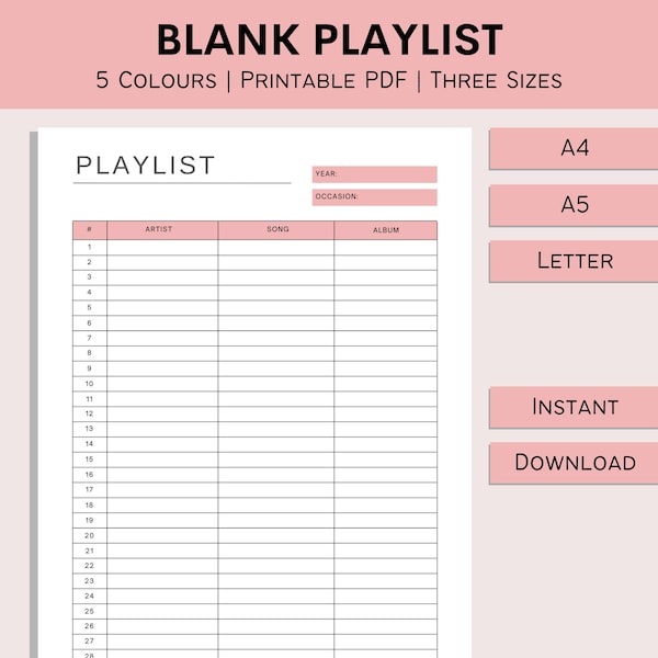 Blank Playlist | Wedding Song Log | Positivity Planner | Morning Playlist | Favourite Song List | Music Tracker | PDf | A4 | A5 | Letter