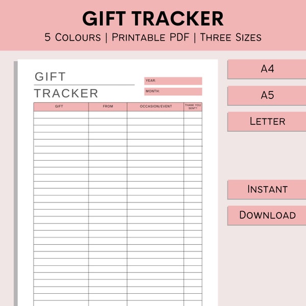 Gift Tracker | Gift Received Printable | Present Log | Thank You Track | Gift List | Birthday | Christmas | Wedding | PDF | A4 | A5 | Letter