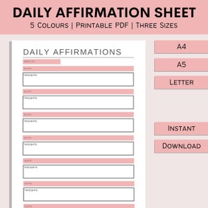 Tägliche Affirmationen Bogen | Druckbare positive Zitate | Inspirierender Zitat Tracker | Dankbarkeit Journal | PDF | A4 | A5 | Brief