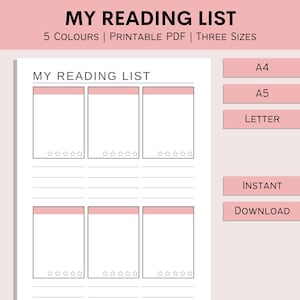 Lista de lectura personal imprimible / Diario de lectura de libros / Plantilla de seguimiento de lectura / Libros para leer / Planificador de lectura / PDF / A4 / A5 / Carta