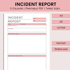 Relatório de incidente | Registro de incidentes para impressão | Folha de Relatório de Acidentes | Registro de lesões | Incidente no local de trabalho | PDF | A4 | A5 | Carta