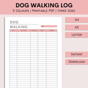 以下が含まれることがあります： 「DOG WALKING LOG」というタイトルが黒で書かれた、印刷可能な犬の散歩記録。日付、犬の名前、距離、時間、収入のセクションが含まれています。デザインはピンクと白で、A4、A5、レターサイズがあります。