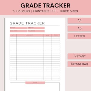 Grade Tracker | Printable Assignment Log | Student Grade Sheet | College University Planner | School Organizer | PDF | A4 | A5 | Letter