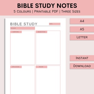 May include: Printable Bible study notes template with sections for scripture, observation, application, and prayer. The template is available in three sizes: A4, A5, and Letter. The text "BIBLE STUDY NOTES" is at the top of the page, and the text "BIBLE STUDY" is at the top of the template.