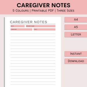 May include: Printable caregiver notes template in PDF format. The template includes sections for date, caregiver, resident name, and topic. The template is available in three sizes: A4, A5, and Letter.