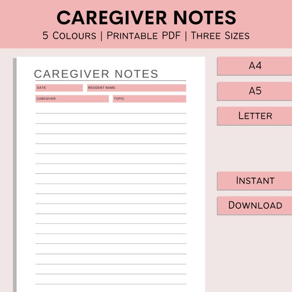 Caregiver Notes Sheet | Printable Elderly Care | Home Health Care Notes | Caregiver Log | Caregiving Template | PDF | A4 | A5 | Letter