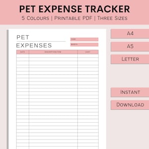 Könnte beinhalten: Druckbarer Haustier-Ausgabentracker im PDF-Format. Der Tracker hat Spalten für Datum, Beschreibung und Kosten. Er hat auch Felder für Jahr und Monat. Der Tracker ist in drei Größen erhältlich: A4, A5 und Letter.