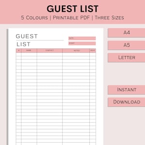 Lista de invitados / Rastreador de lista de invitados / Hoja de invitados imprimible / Registro de asistencia al evento / Seguimiento de RSVP / Lista de contactos de la fiesta / PDF / A4 / A5 / Carta