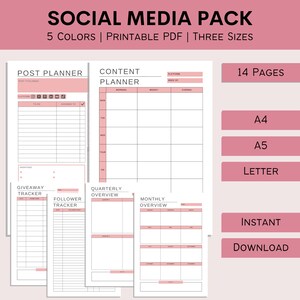 May include: A printable social media planner pack with 14 pages in three sizes: A4, A5, and Letter. The pack includes a post planner, content planner, giveaway tracker, follower tracker, quarterly overview, and monthly overview. The planner is designed in pink and white.