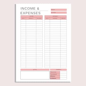 May include: A printable budget tracker with sections for income and expenses. The tracker includes columns for date, order number, revenue, expense, and amount. There are also sections for notes and a summary of total income, total expense, difference, and end balance.
