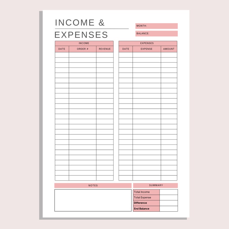 May include: A printable budget tracker with sections for income and expenses. The tracker includes columns for date, order number, revenue, expense, and amount. There are also sections for notes and a summary of total income, total expense, difference, and end balance.