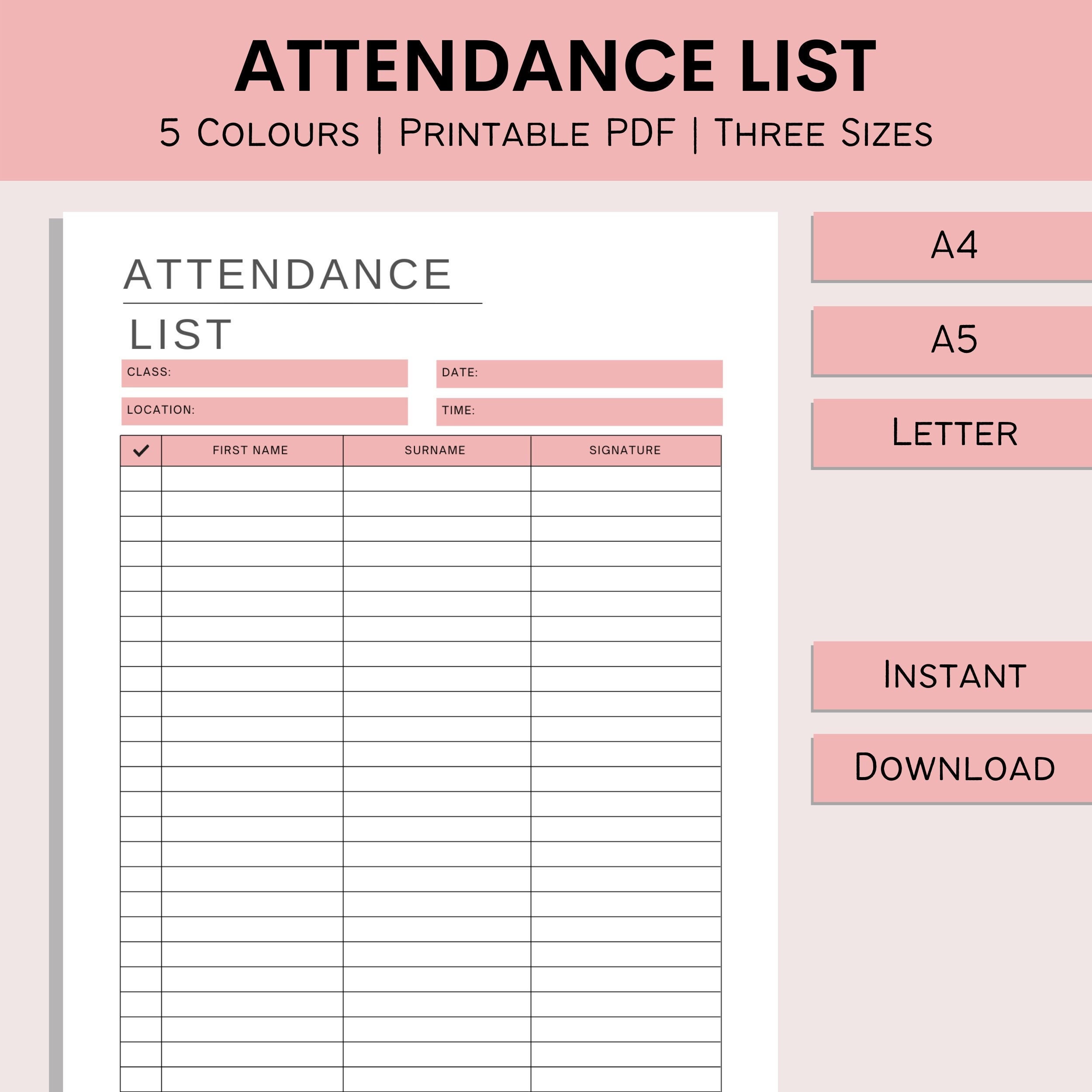 Attendance List Printable Sign in Sheet School Sign off College