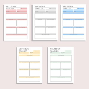 Pu&ograve; includere: Una collezione di cinque fogli stampabili "Meltdown Tracker". Ogni foglio presenta un'intestazione con il titolo, "Meltdown Tracker", e sezioni per registrare dettagli come nome, data, ora, trigger e altro. I fogli hanno barre di intestazione di colore diverso.