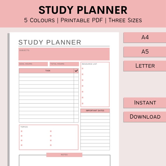 Study Planner Printable Study Plan Student Timetable College Study Template  Homework Organizer Checklist PDF A4 A5 Letter - Etsy